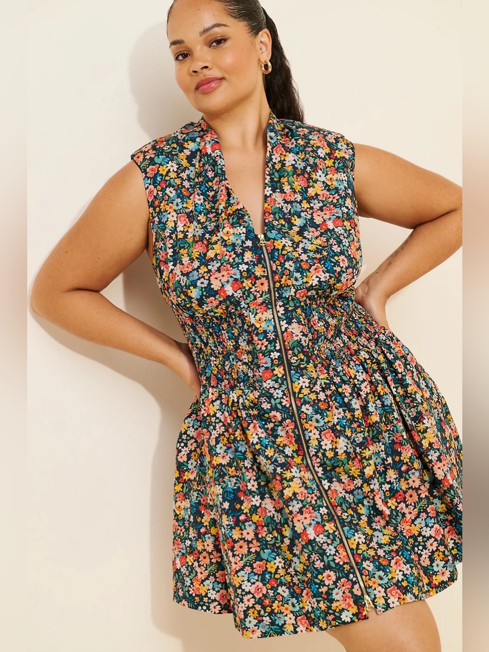 The Tommie Cap-Sleeve Smocked Front-Zip Shirt Dress: Mini Edition